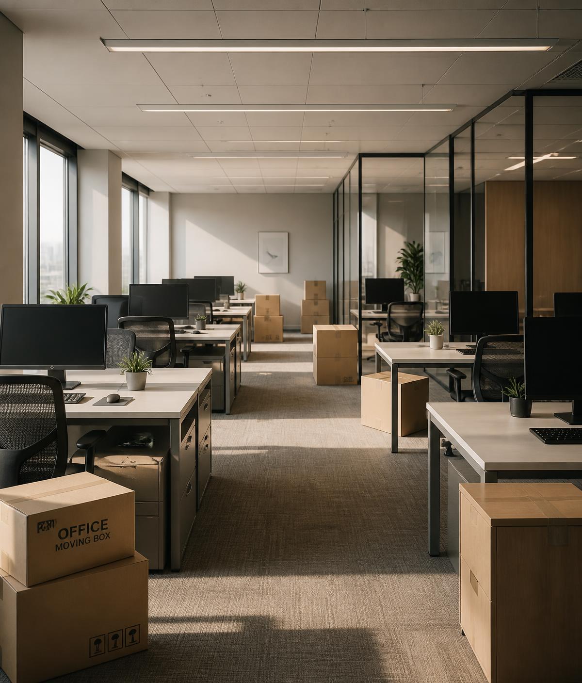 An office being cleared of desks and chairs